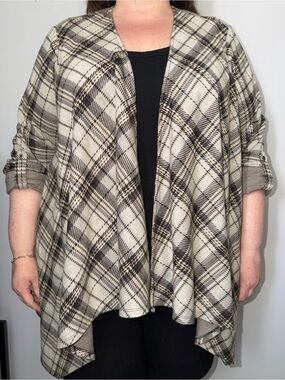 Torrid Cream & Black Plaid Drape-Front Structured Cardigan